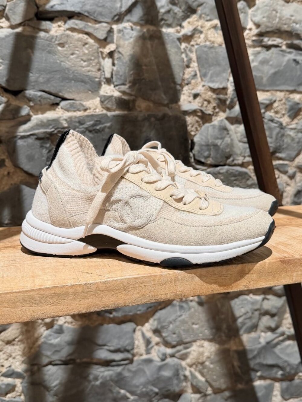 Chanel Beige Knit Suede CC Sneakers